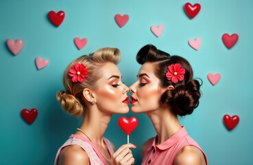 Two women with retro hairstyles kiss in front of pastel blue backdrop adorned with hearts. Wear pink dresses, glamorous makeup with red lipstick. Style vintage, romantic, perfect for Valentine Day