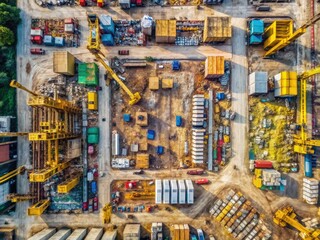 Obraz premium Aerial Construction Site - Heavy Machinery & Organized Materials