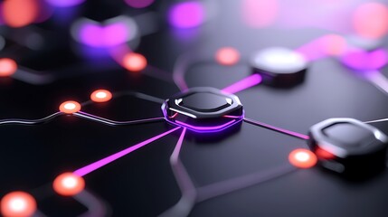 Abstract network connection nodes glowing with pink and orange light.
