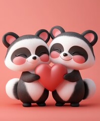 Fototapeta premium Two adorable panda bears tenderly hold a vibrant heart, set against a soft pink backdrop, celebrating love and affection on Valentine's Day.