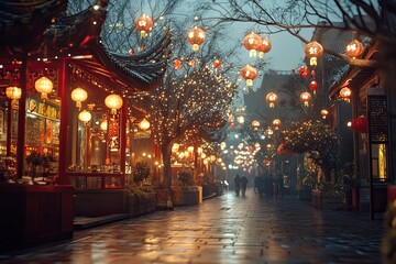 Atmospheric night street scene with traditional Chinese lanterns and architecture.