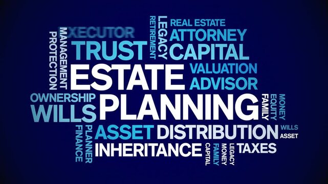 Estate Planning animated word cloud;text design animation tag kinetic typography seamless loop.