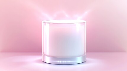 A glowing candle in a sleek glass holder against a soft pink background.