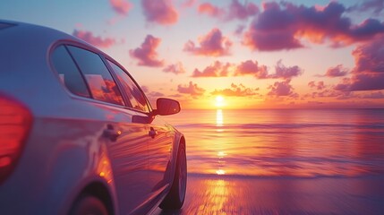 Obraz premium A car parked by the beach at sunset, reflecting vibrant colors on the water.