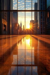 Fototapeta premium Stunning Urban Sunset View Through Modern Skyscraper Windows with City Skyline and Sunlight Reflections on Polished Floor