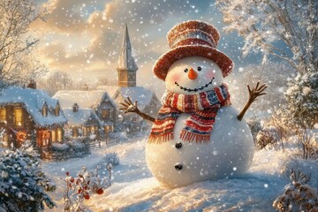 Obraz premium Charming Snowman in Winter Wonderland with Snowfall and Cozy Village at Sunset
