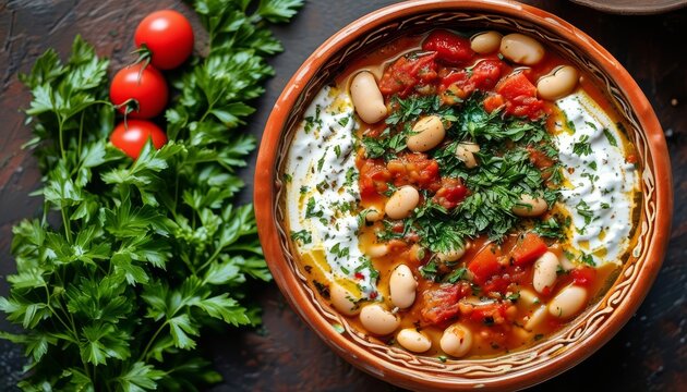 Traditional Greek Fasolada Soup Served in a Wooden Bowl with Fresh Toppings and Herbs