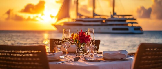 Elegant dining setting by the sunset, with a yacht in the background creating a romantic atmosphere.