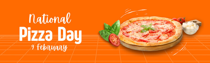 Pizza day, pizza with dough on an orange background