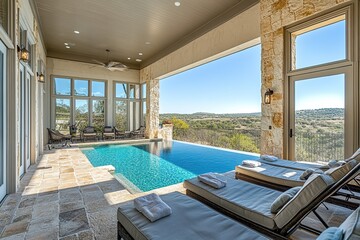 Fototapeta premium Luxury Poolside Relaxation: Infinity Pool with Stunning Hillside Views, Enjoy Tranquil Outdoor Oasis with Comfortable Loungers