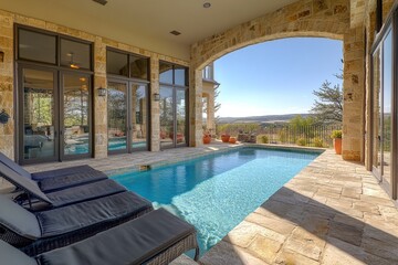 Fototapeta premium Luxury Home Pool Design: Stone Patio, Archway, and Scenic View