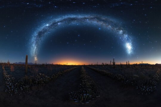 A panoramic view of the night sky in a desert, with the Galactic Center of the Milky Way glowing brightly above a field of tall cacti, and faint zodiacal light visible near the horizon