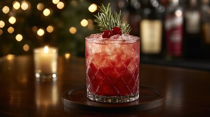 A festive cocktail garnished with rosemary and cranberries, served on a wooden coaster.