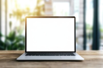 Fototapeta premium A white, blank laptop mockup on a wooden table with a modern office interior in the background, bathed in natural sunlight and sun rays. Ideal for tech marketing materials, and digital product mockups