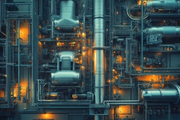 Futuristic Industrial Complex with Illuminated Pipes and Machinery in a High-Tech Facility at Night