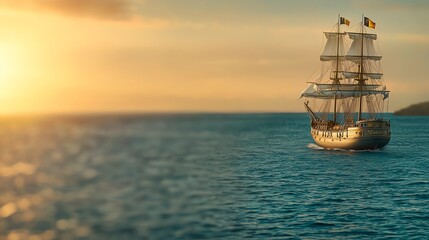 Obraz premium Sailing ship at sunset on ocean, warm colors illuminating the sky, reflecting on water surface, creating serene atmosphere.