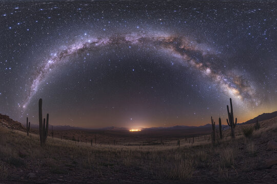 A panoramic view of the night sky in a desert, with the Galactic Center of the Milky Way glowing brightly above a field of tall cacti, and faint zodiacal light visible near the horizon - Powered by Adobe
