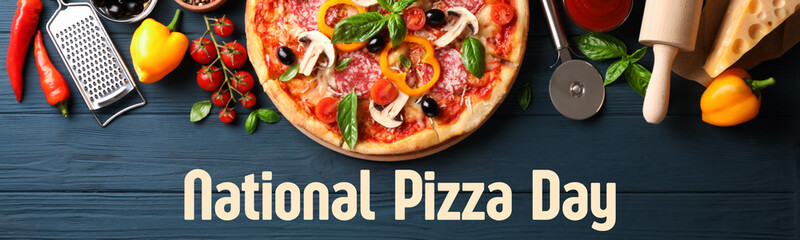 Pizza day, pizza with dough on a dark background