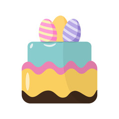 Festive cake with pastel layers, striped eggs as decoration, placed on a white background, symbolizing Easter celebration
