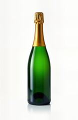 Green champagne bottle with gold cap. Empty bottle against white background. Elegant alcoholic beverage. Premium drink. Celebratory mood. Special occasion. Luxury drink. Bottle style. Party. Festive.