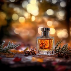 Elegant Perfume Bottle Surrounded by Autumn Leaves and Bokeh Lights