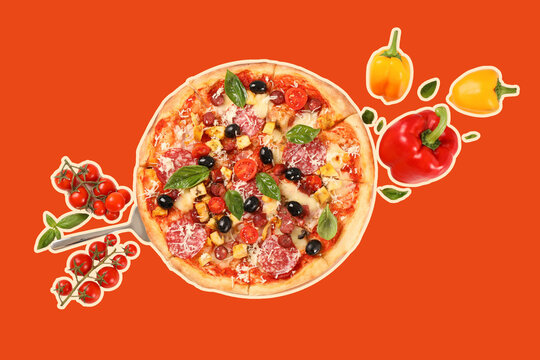 Pizza day, pizza with dough on an orange background