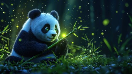 Fototapeta premium Playful panda enjoying bamboo in a magical forest setting