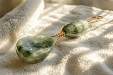 Close-up of a jade roller and gua sha stone on a white towel with sunlight streaming