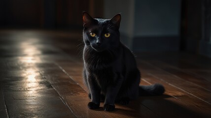cat wallpaper desktop black, A black cat with glowing eyes sitting on a shadowed floor

