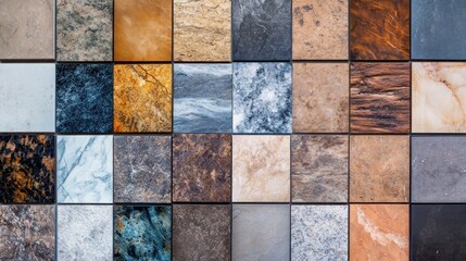 A grid of various stone tiles showcasing different textures and colors for design purposes.