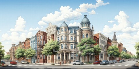 Naklejka premium Quaint Townhouses Street Scene Sunny Day.