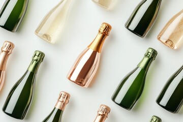 Rose gold mini champagne bottles pattern, white background, celebration, flatlay