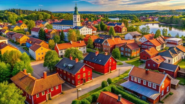Aerial View of Falun, Dalarna, Sweden's Traditional Red Wooden Houses