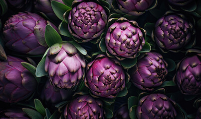 Fototapeta premium A bunch of purple flowers with green leaves