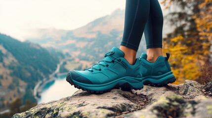 woman wearing teal hiking shoes stands on rocky ledge, enjoying scenic mountain view. vibrant colors of nature enhance her trekking experience