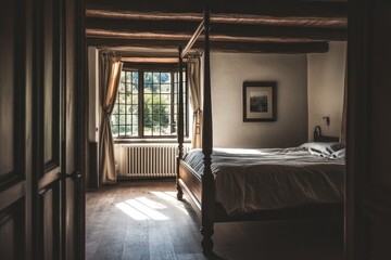 Rustic bedroom, sunlit, mountains view, wooden beams, tranquil