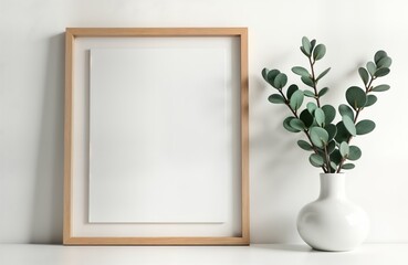 Empty light brown wooden frame on white wall with blank space for artwork photo. Small vase with eucalyptus branches sits next to frame. Interior decor template for presenting photos art. Modern