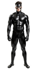 attractive young muscular man with athletic build in black latex cloth isolated at transparent background png