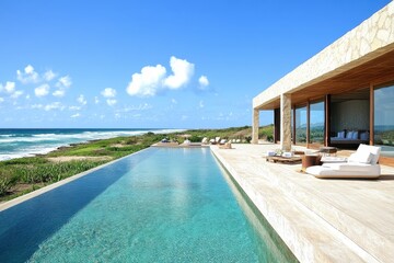 Fototapeta premium Oceanfront villa with infinity pool; perfect for luxury travel, real estate, or resort websites. Stunning turquoise water meets modern architecture; ideal for showcasing opulence and tranquility.