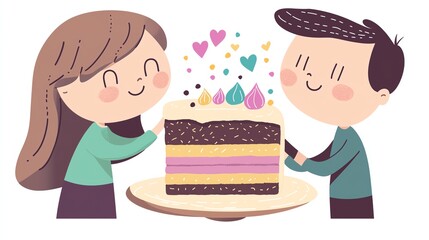 A cheerful boy and girl celebrating with a colorful birthday cake adorned with sprinkles and hearts.