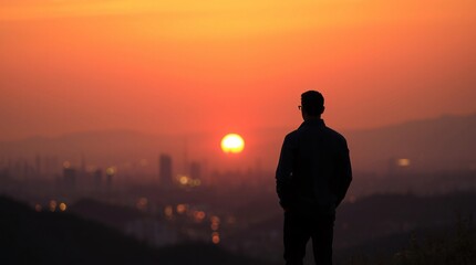 Silhouette of a man standing on a hilltop, gazing at a vibrant sunset and overlooking an urban cityscape
