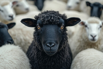Fototapeta premium black sheep stands out among crowd of white sheep, showcasing its unique features and contrasting colors. This captures essence of individuality in flock