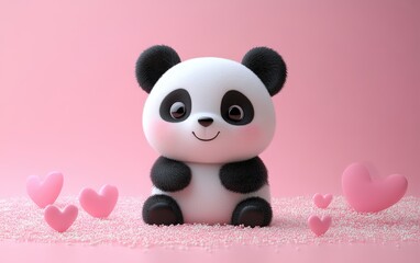 Naklejka premium Panda soft pink surface, surrounded by playful hearts, set against a delightful pink backdrop, radiating love and joy.