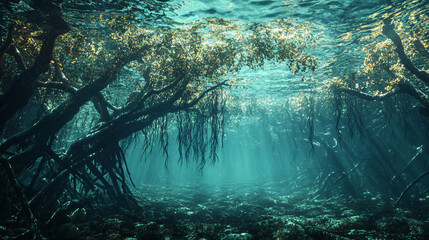 An artistic representation of a submerged forest, where trees stretch towards the surface, their roots intertwining with vibrant aquatic life, creating a magical landscape.  