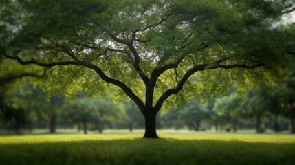Fototapeta premium A large tree stands prominently in a peaceful green landscape, surrounded by soft light.
