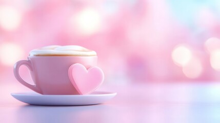Fototapeta premium A minimalist design of heart-shaped coffee foam in a ceramic cup with a futuristic AI-generated background, soft pastel tones, high resolution.