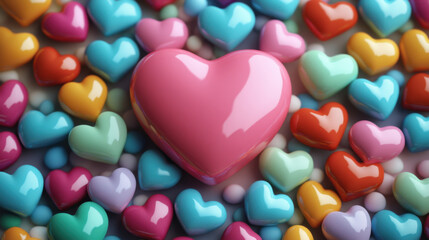 Colorful pastel hearts in various sizes surround large pink heart, creating vibrant and cheerful Valentine Day background. Perfect for romantic themes and celebrations