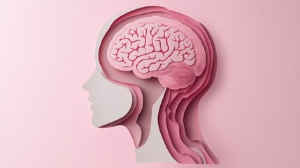 A layered paper-cut illustration of a profile with a brain, symbolizing mental processes.