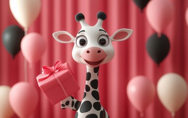 A charming giraffe cradles a colorful present amidst a sea of vibrant balloons, radiating love and joy perfect for Valentine's Day celebrations.