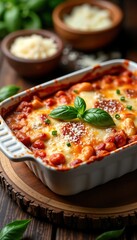 Close-up view of traditional Italian lasagna dish. Ready-to-eat vegetarian pasta dish with melted mozzarella cheese, tomato sauce. Homemade meal served in white baking dish. Fresh basil, spices.